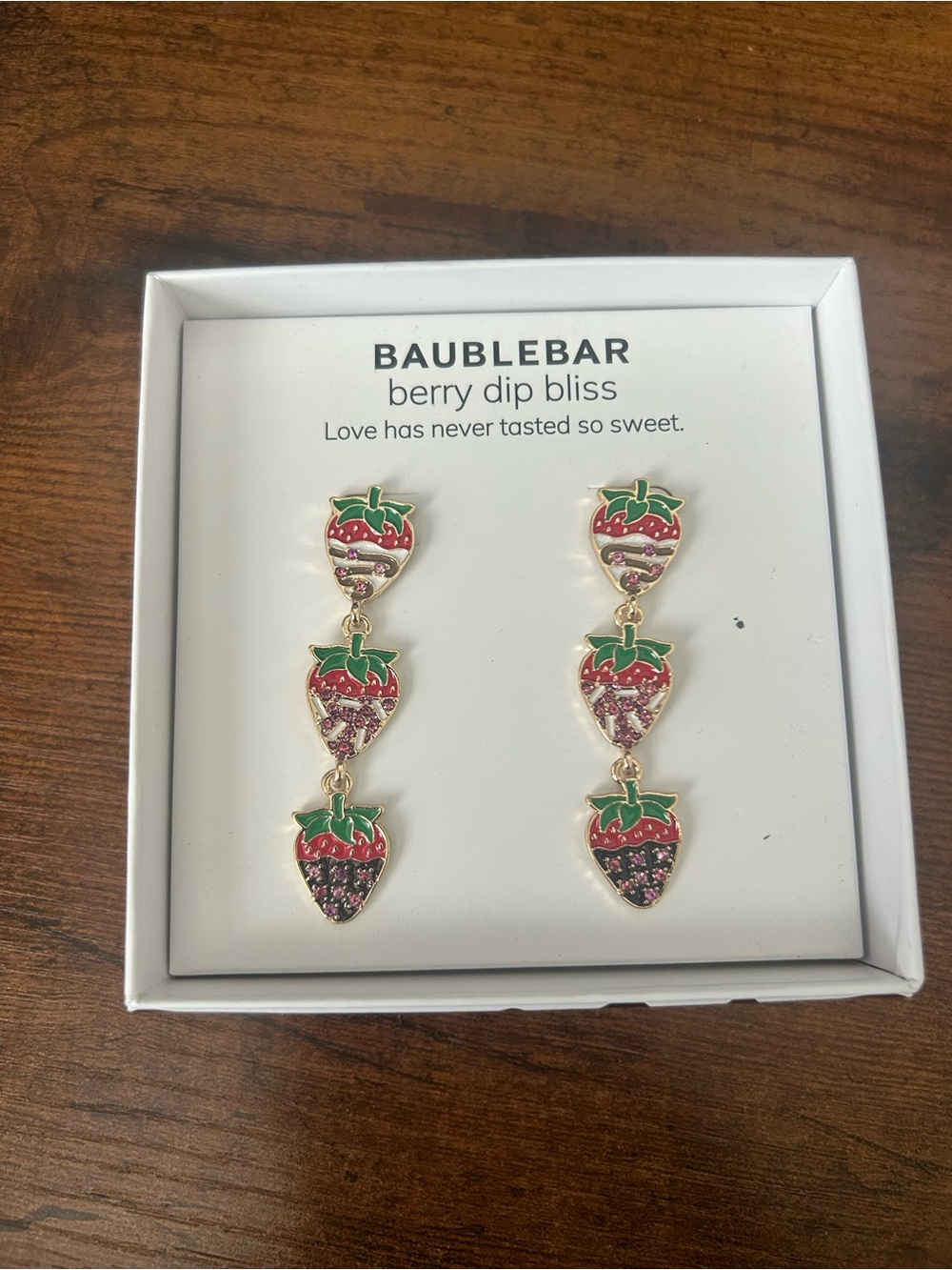 BaubleBar Red and Green Strawberry Triple Drop Earrings NWOT